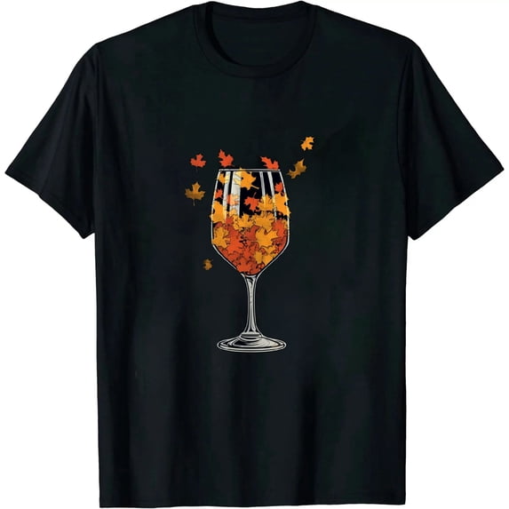 Wine Glass Maple Leaves Fall Autumn Thanksgiving Women T-Shirt