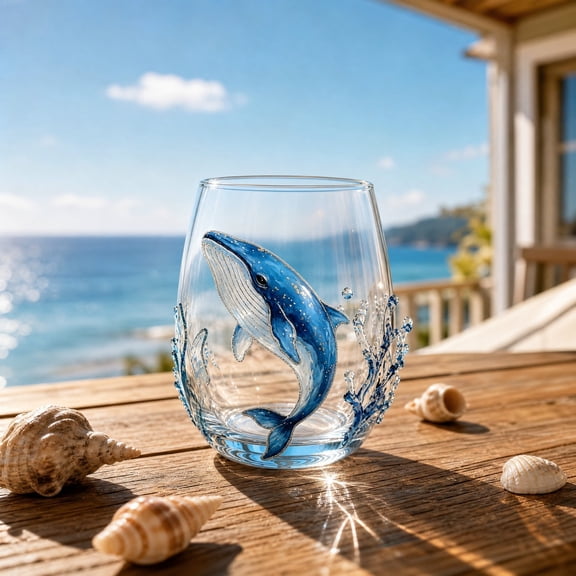 Wine Glass, Nautical Glassware, Coastal Drinkware, 2D Printed Blue Ringed Stemless Glass, Handcrafted Borosilicate Transparent Drinking Cup, for Home Bar Kitchen Beach Party Nautical Decor Gift