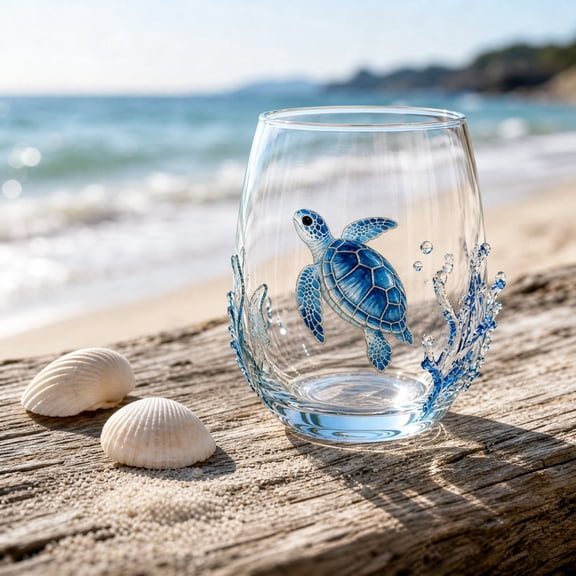 Wine Glass, Nautical Glassware, Coastal Drinkware, 2D Printed Blue Ringed Stemless Glass, Handcrafted Borosilicate Transparent Drinking Cup, for Home Bar Kitchen Beach Party Nautical Decor Gift