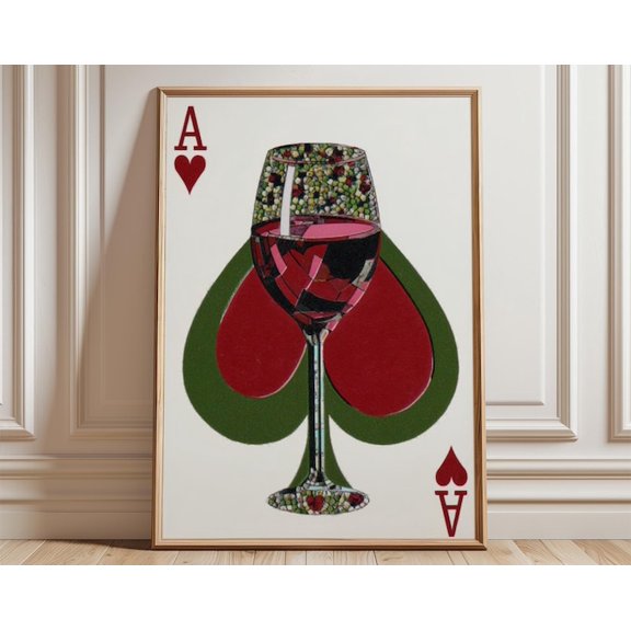 Wine Glass Playing Card Abstract Ace Of Hearts Modern Minimalist Retro Wall Art Print, Unframed Paper Poster 24x36in