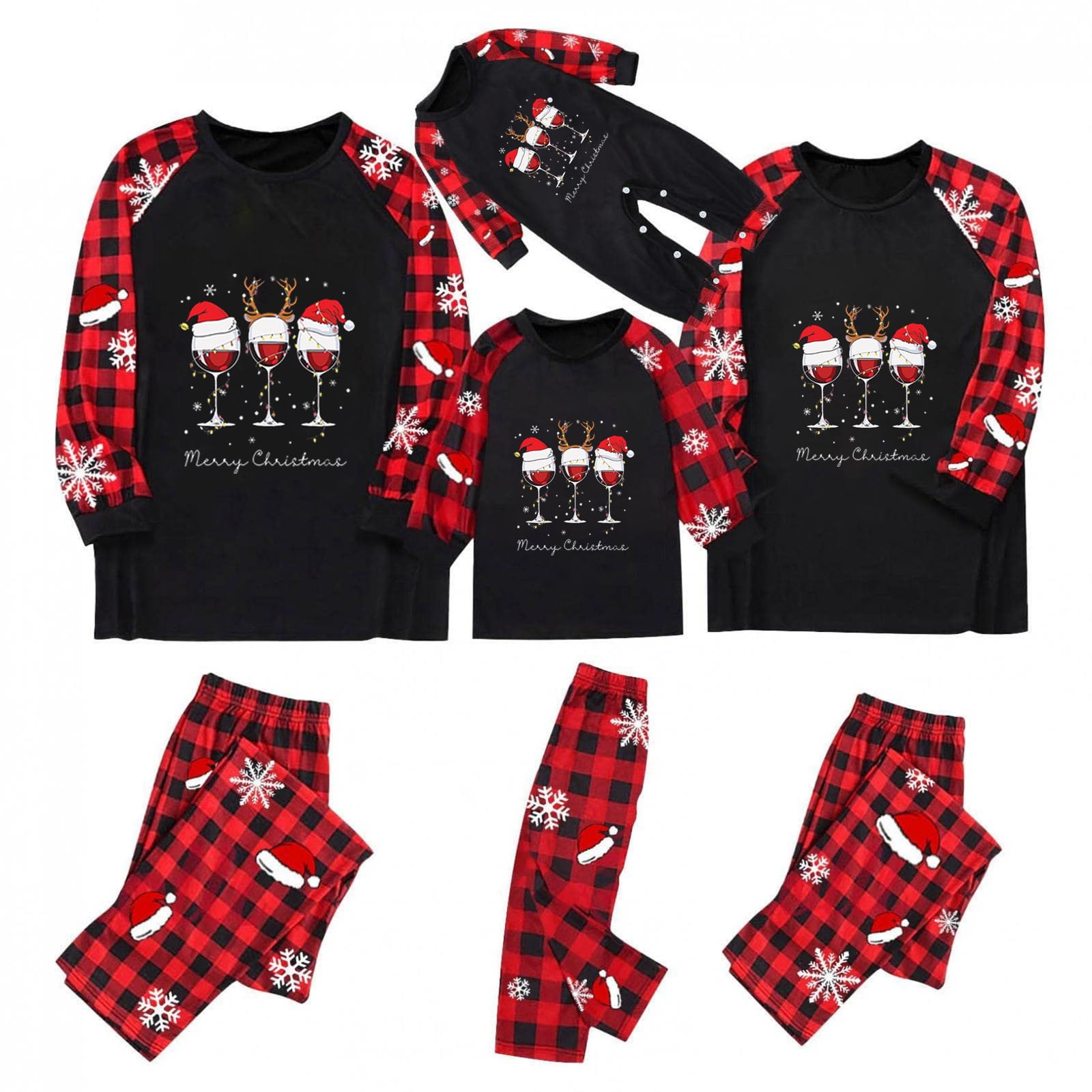 Wine Glass Print Christmas Pajamas for Family Pjs Matching Sets Funny Printed Long Sleeve T