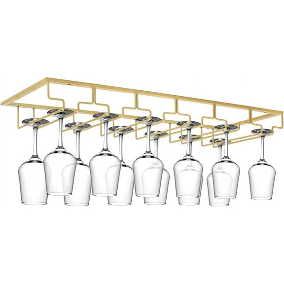 Wine Glass Rack Under Cabinet, 6 Row Extreme Large Stemware Hanger, Metal Wine Goblet Holder, DIY Bar Glass Storage Rack for Bar Counter, Kitchen, Screws Included (Gold)
