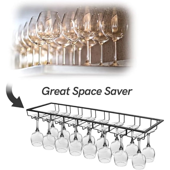 Wine Glass Rack Under Cabinet, 8 Row Extreme Large Stemware Hanger, Metal Wine Goblet Holder, DIY Bar Glass Storage Rack for Bar Counter, Kitchen, Screws Included (Black)