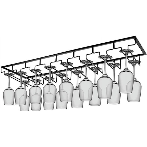 Wine Glass Rack Under Cabinet, 8 Row Extreme Large Stemware Hanger, Metal Wine Goblet Holder, DIY Bar Glass Storage Rack for Bar Counter, Kitchen, Screws Included (Black)