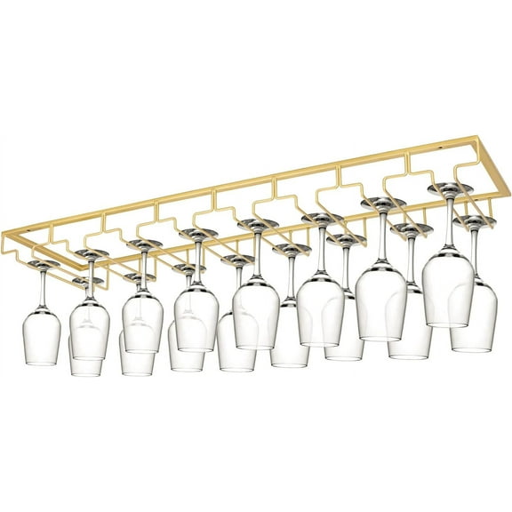 Wine Glass Rack Under Cabinet, 8 Row Extreme Large Stemware Hanger, Metal Wine Goblet Holder, DIY Bar Glass Storage Rack for Bar Counter, Kitchen, Screws Included (Gold)
