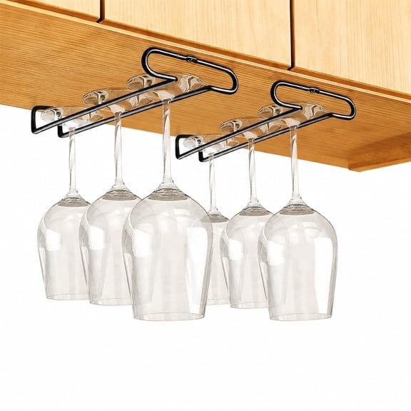 Wine Glass Rack Under Cabinet Wine Glass Holder, Black Cup Rack Stemware Hanger Organizer, Set of 2 Glass Storage Holder for Kitchen Bar