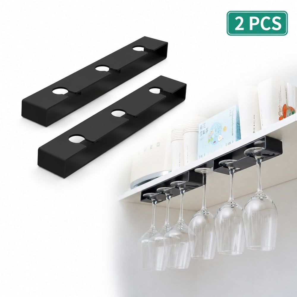 Wine Glass Rack Under Shelf 2 Pack, Black Stemware Holder Hanging Wine ...