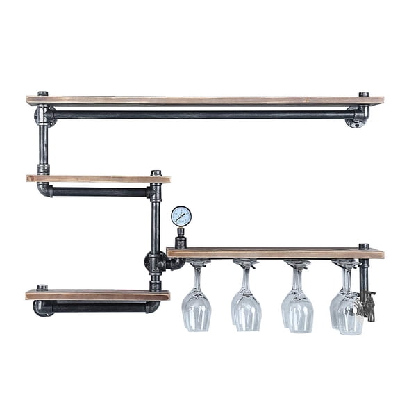 Shangmakel Wine Glass Rack, Wall Mounted Industrial Pipe Shelf Wine Bottle Holder Gift, 39.37in Rustic Metal Floating Wine Rack Steampunk Pipe Shelving