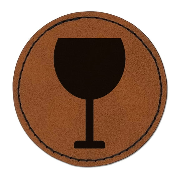 Wine Glass Solid 2.5" Faux Leather Round Engraved Iron-On Patch - Brown