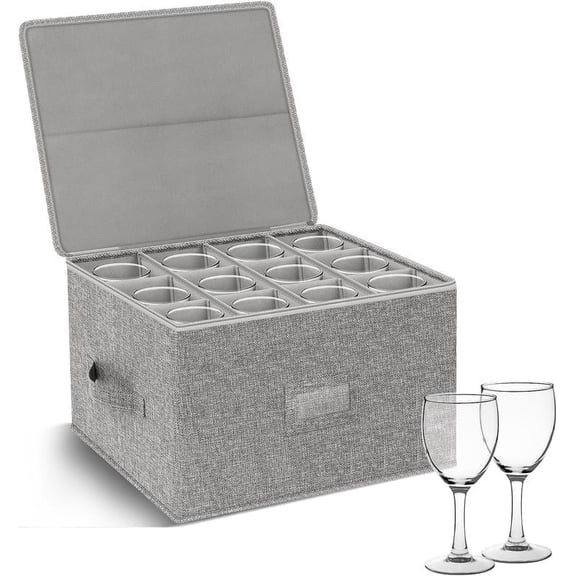 GLJ Wine Glass Storage Box 1-Pack, Stemware Container Cases, Stackable w/Hard Shell Top Sides Bottom, Moving Supplies, China Storage Containers for 12 Crystal Glasses Drinkware 9.2'' Tall, Grey