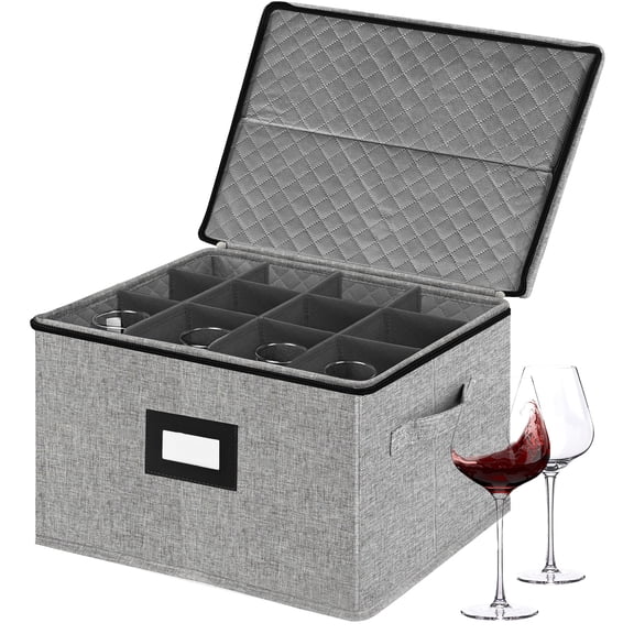 Wine Glass Storage Box, China Storage Containers with Dividers, Stemware Storage Case Holds 12 Wine Glass or long stem Crystal Glassware with Handles, Hard Shell and Stackable (Grey)