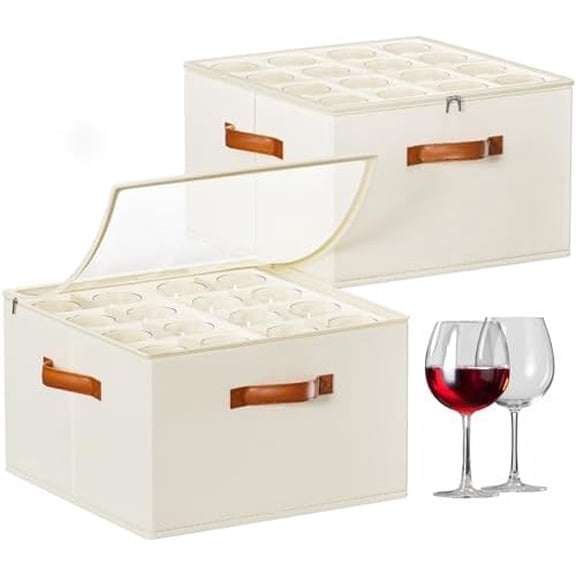 Wine Glass Storage Box with Dividers, 2 Pack Glassware Storage Containers, Stemware Storage Cases Holds 32 Wine Glasses, Stackable Crystal Storage Containers with Clear Cover for Moving,Beige