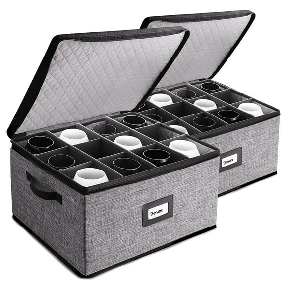 Wine Glass Storage Box with Dividers – 2 Pack Stackable Stemware Storage Cases, Service of 12 Glassware Storage Containers, Quilted China Storage Containers Hard Shell for Dining, Kitchen Storage