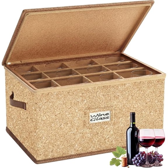 Wine Glass Storage Box with Dividers, Hard Shell, Stackable Glassware Storage Containers with Handles & Label, 10'' Tall Stemware Storage Cases for 12 Crystal Glasses Drinkware, Moving & Home Storage