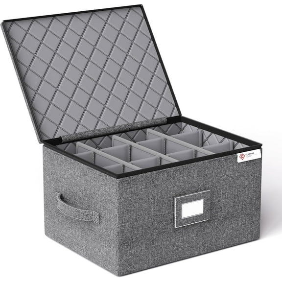 Wine Glass Storage Box with Dividers,Hard Shell and Stackable Stemware Storage Containers with Sturdy Handle for Glassware Crystal Storage and Transport,Grey,Holds 12