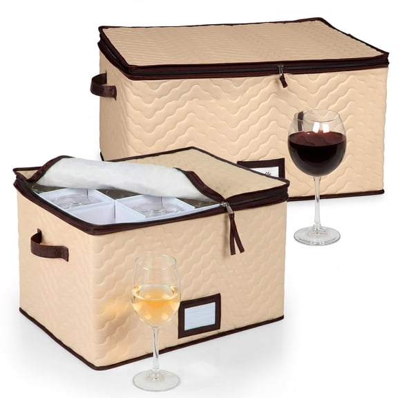 Wine Glass Storage Box with Dividers, Holds 12 Glasses up to 3.75-in & 4.25-in Wide, Quilted Microfiber Stemware Storage Case with Carry Handles, Ideal for White Wine Glasses, 2 Pack