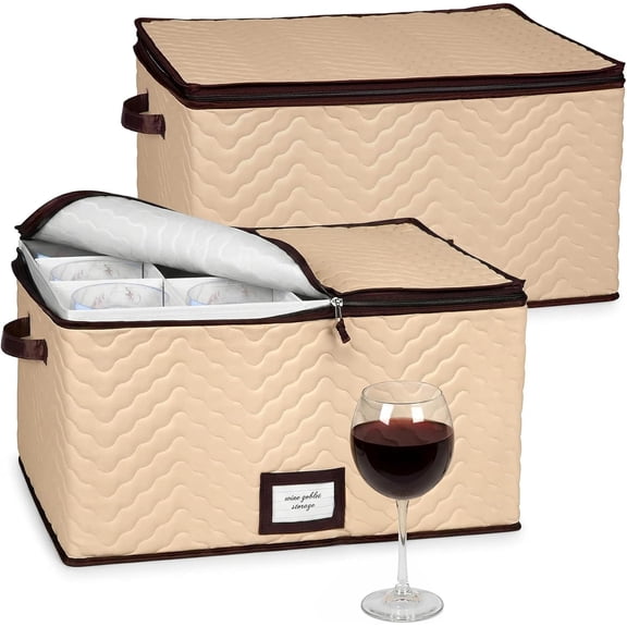 Wine Glass Storage Box with Dividers, Holds 12 Glasses up to 4.25" Wide | 2 Pack, Stemware Storage Case, Protects Fine China, Durable Quilted Microfiber, Carry Handles, Ideal for Red Wine Glass