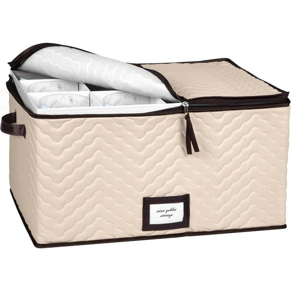 Wine Glass Storage Box with Dividers - Holds 12 Standard Size Wine Glasses up to 10" Tall - Stemware Storage Case - Protects Fine China - Durable Quilted Microfiber Bin with Carry Handles