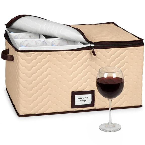 Wine Glass Storage Box with Dividers, Holds 12 Glasses up to 4.25-in Wide, Quilted Microfiber Stemware Storage Case with Carry Handles, Ideal for Red Wine Glasses