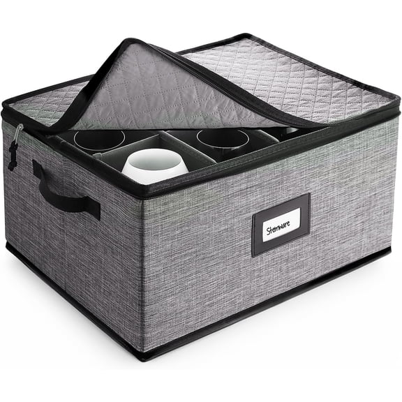 Wine Glass Storage Box with Dividers, Quilted and Stackable Stemware Storage Cases, Service of 12 Glass China Container Hard Shell for Moving and Organization, Grey