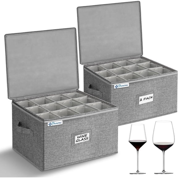 Wine Glass Storage Box, Glassware Storage Containers w/Hard Shell Side Bottom Support & Padded Dividers, Stackable Stemware Storage Case for 24 China Crystal Glasses Drinkware, Moving Supplies