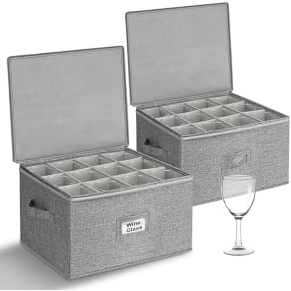 Wine Glass Storage Box, Glassware Storage Containers w/Hard Shell Side Bottom Support & Padded Dividers, Stackable Stemware Storage Case for 24 China Crystal Glasses Drinkware, Moving Supplies