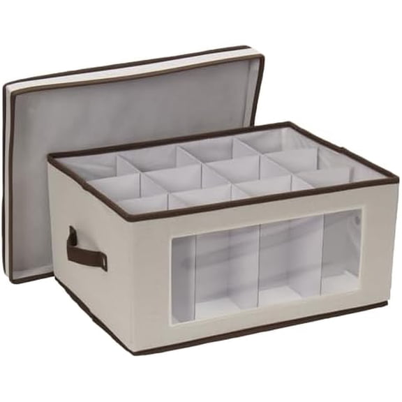 Wine Glass Storage Box, Strong Frame and Handles, Windowed Panel, Fully Removable Lid, Stackable and Foldable, Perfect for Wider Stemware