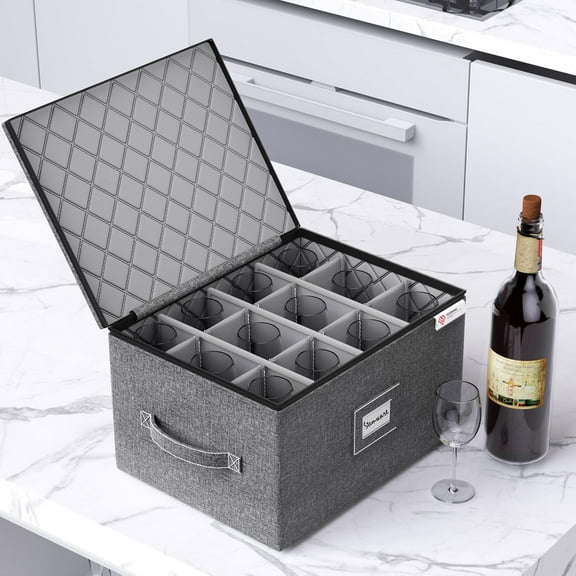 Wine Glass Storage Box with Dividers, Hard Shell, Stackable Stemware Container for Glassware, , Holds 12