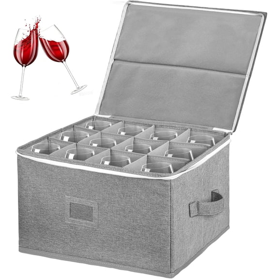Wine Glass Storage Cases, Stemware Storage Chest Boxes with Dividers, Glassware Storage Containers Holds 12 Red or White Wine Glasses, Champagne Flutes, Crystal, Drinkware with Label Window