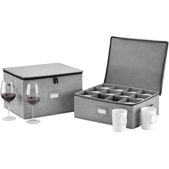 Wine Glass Storage and Cup Storage Case - Set of 2 Stackable Containers with Fully Padded Interior and Outside Hard Shell - 12pcs per Box with Insert Cards for Labelling and Side Handles