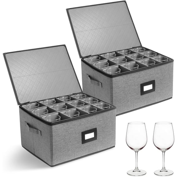 Wine Glass Storage Moving Box with Dividers 2 Pack, Holds 24 Glasses Containers Hard Shell, Glassware Stemware Holder, Packing Boxes with Lid Handle, Essentials for Glass Moving Organizing Gift