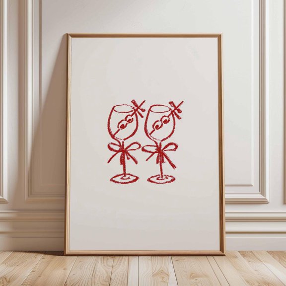 Wine Glass Wall Art Print Minimalist Line Drawing Poster Modern Cocktail Illustration Red Outline Artwork Elegant Kitchen Bar Decor