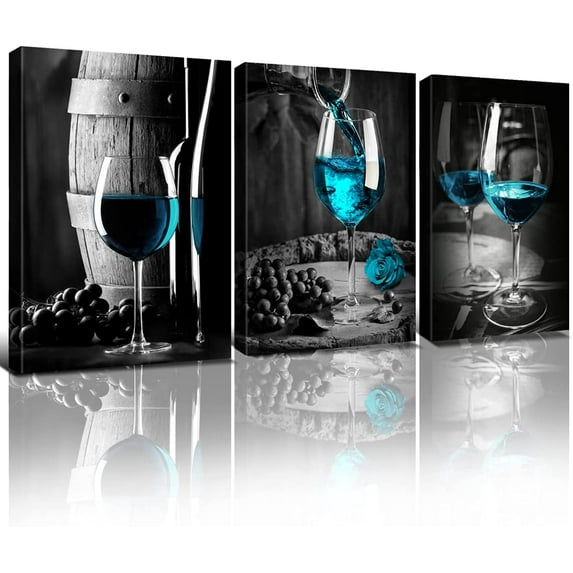 Wine Glass Wall Art Turquoise Wall Decor for Kitchen Teal Decor Modern Wine Barrel Posters Dining Room Black and Gray Casks Pictures Drink Artworks Family Bar Living Room Home Decorations 12x16"x3