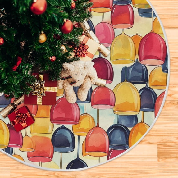 Wine Glass Watercolor Christmas Tree Skirt Stand Mat Waterproof Floor Protection Mat for Holiday Decoration