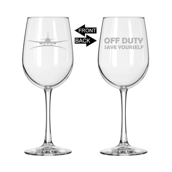 Wine Glass for Red or White Wine Two Sided Off Duty Save Yourself Airplane Pilot Flight Attendant (16 oz Tall Stemmed)