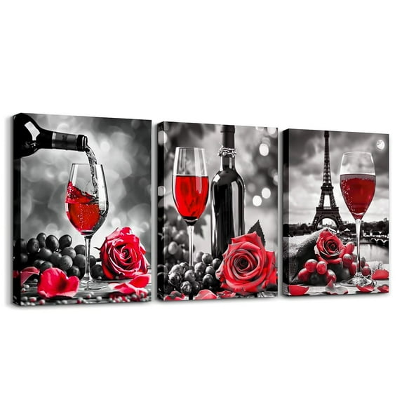 Wine Glasses Canvas Wall Art Set of 3,Red Rose Paintings Wall Decor Living Room Wine Art Wall Decor Artwork for Walls,Romantic Flowers Paris Eiffel Tower Hang Pictures Home Decor,Black Grey and White