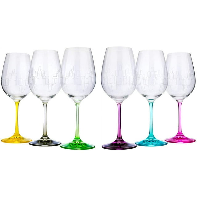 Wine Glasses Multi Colored Engraved Rainbow Set of 6 - Each Base Different Color Drinkware