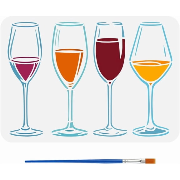 Wine Glasses Painting Template with Brush 11.6x8.2inch Goblets Painting Template Champagne Glasses Painting Stencil Various Goblets Painting Stencils Reusable DIY Art Craft Stencil Colorful