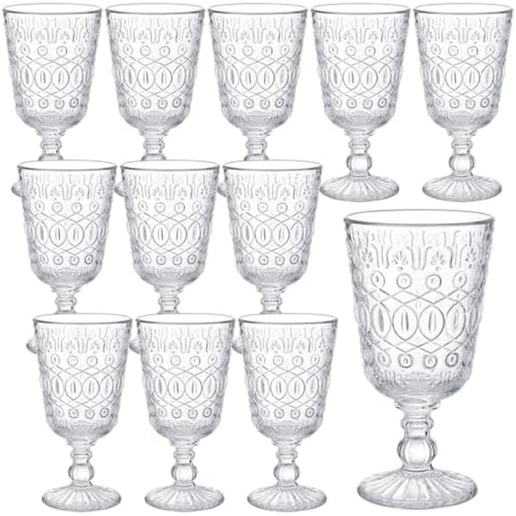 Wine Glasses Set of 12 Vintage Goblet 9 oz Vintage Colored Glass Goblet Beverage Stemmed Glass Cups Romantic Embossed Glassware for Wedding Party Holidays Anniversary (Clear)