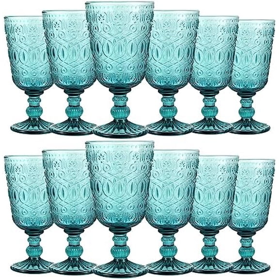 Wine Glasses Set of 12 Vintage Goblet 9 oz Vintage Colored Glass Goblet Beverage Stemmed Glass Cups Romantic Embossed Glassware for Wedding Party Holidays Anniversary (Blue)