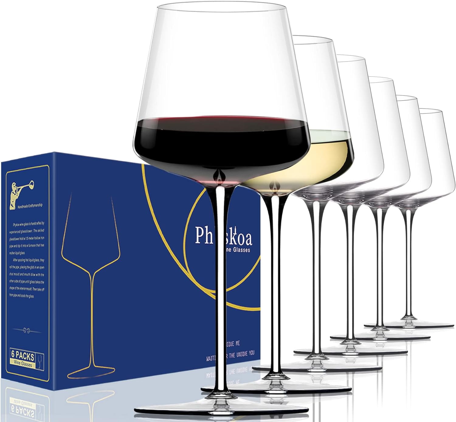 Wine Glasses Set of 6 Hand Blown Crystal Wine Glasses Tall Long