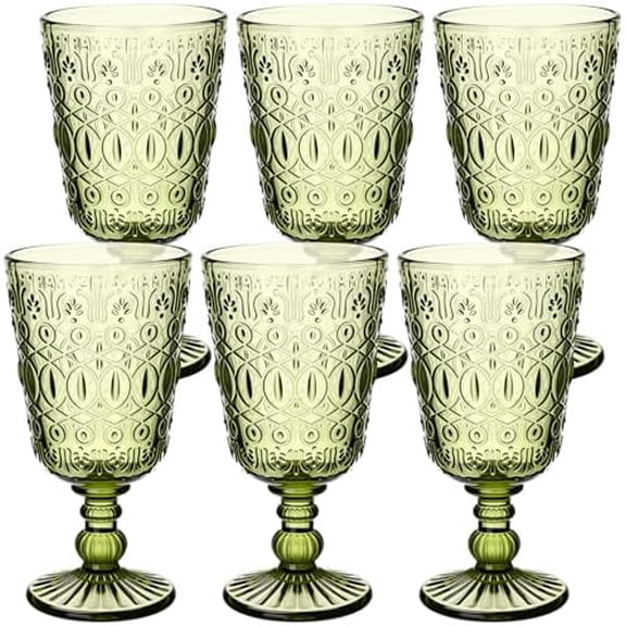 Wine Glasses Set of 6 Vintage Goblet 9 oz Vintage Colored Glass Goblet Beverage Stemmed Glass Cups Romantic Embossed Glassware for Wedding Party Holidays Anniversary (Green)