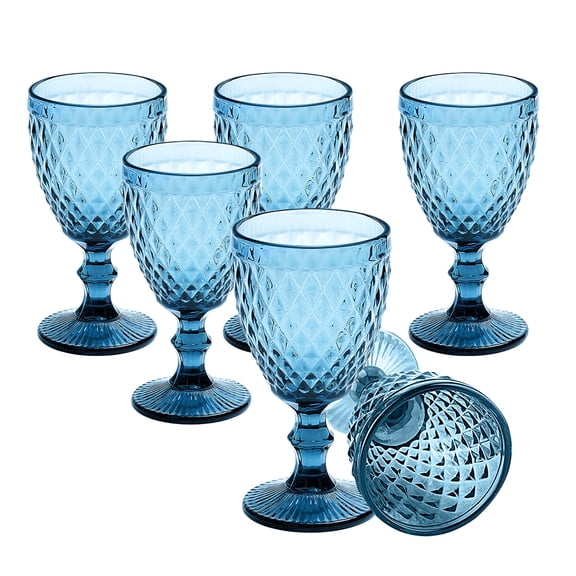 Wine Glasses Set of 6, Vintage Red Wine Goblets Glassware Sets, Crystal Colored Drinking Glasses, Diamond Pattern Stemmed Goblet Set for Wedding Party Restaurant, Dishwasher Safe