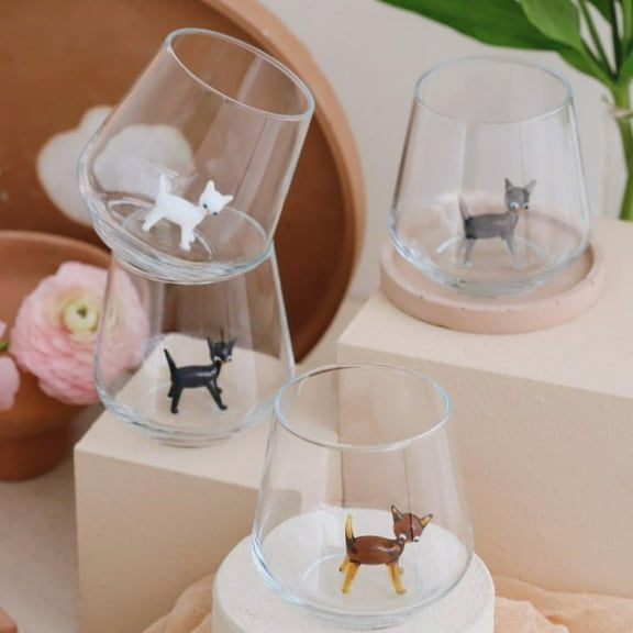 Wine Glasses Stemless, Drinking Glass with 3D Cat Figurine Inside Set of 4, Cute Glass Cup, Stemless Glass, Drinking Glassware, Tumbler Glasses, 4 "W x 4 "H x 4 "D, Glass Drinkware for Home Decor