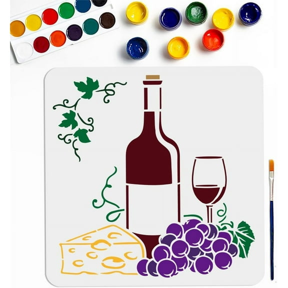 Wine Grape Cheese Stencil 11.8×11.8inch Large Red Wine Bottles and Glasses Stencils with Paint Brush Reusable Grape Leaf Vine Drawing Template for Craft Furniture Fabric Wall