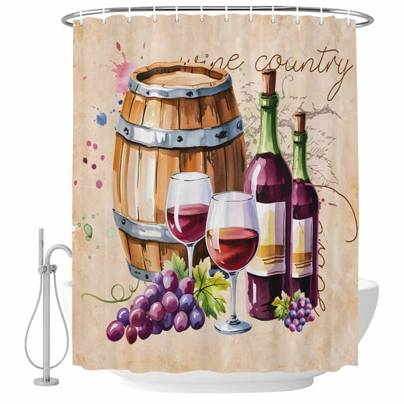 Wine Grape Fabric Shower Curtain Vintage Watercolor Wine Barrel Washable Shower Curtains for Bathroom, Waterproof Bath Curtain with Hooks Home Decor 36x72in