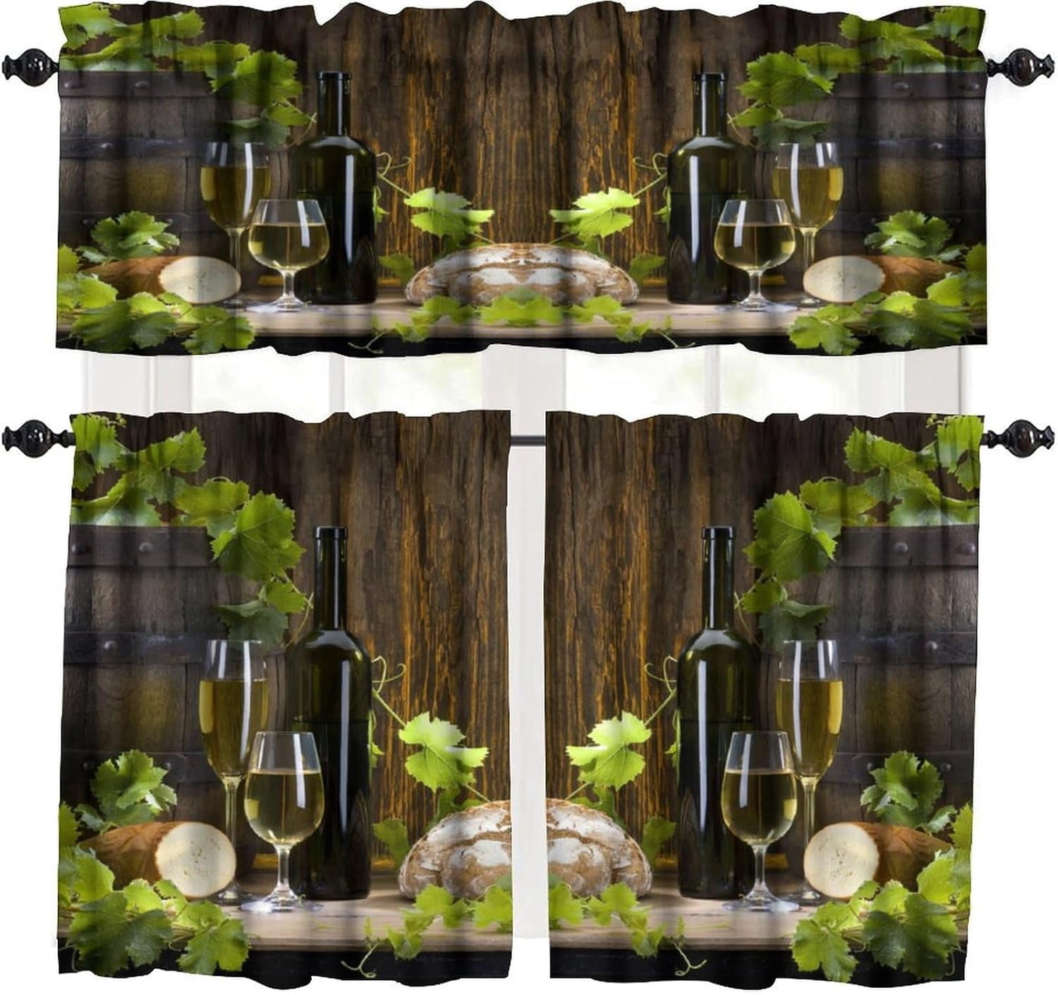 Image showcasing Wine Grape Valance Curtains Decor, Green Plant Wooden Cellar Barrel ...