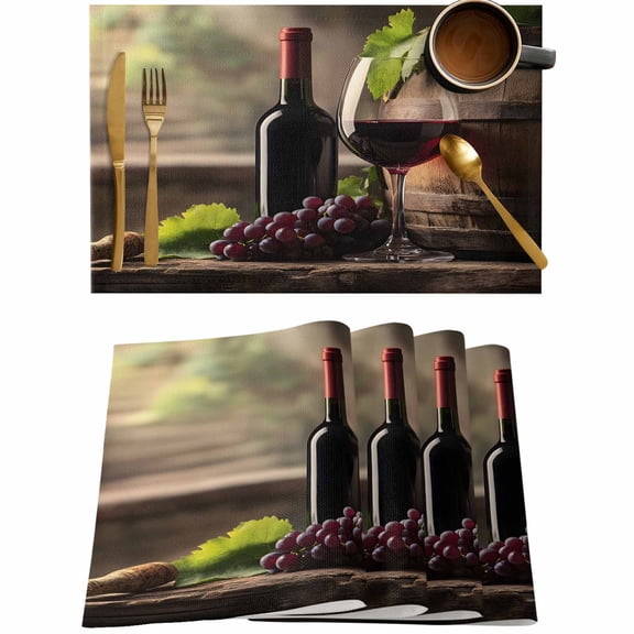 Wine Grapes Farm Retro Barrels Placemats Set of 4,Wipeable Washable Table Mats for Dining Tables,Farmhouse Barn Place Mats for Kitchen Event Party Tabletop Decor