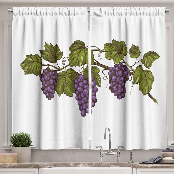 Wine Grapes Kitchen Curtains, Drinking Tasting Party Theme Fresh Purple Fruits on Plain Backdrop, Window Drapes 2 Panel Set for Kitchen Cafe Decor, 55" X 39", White Fern