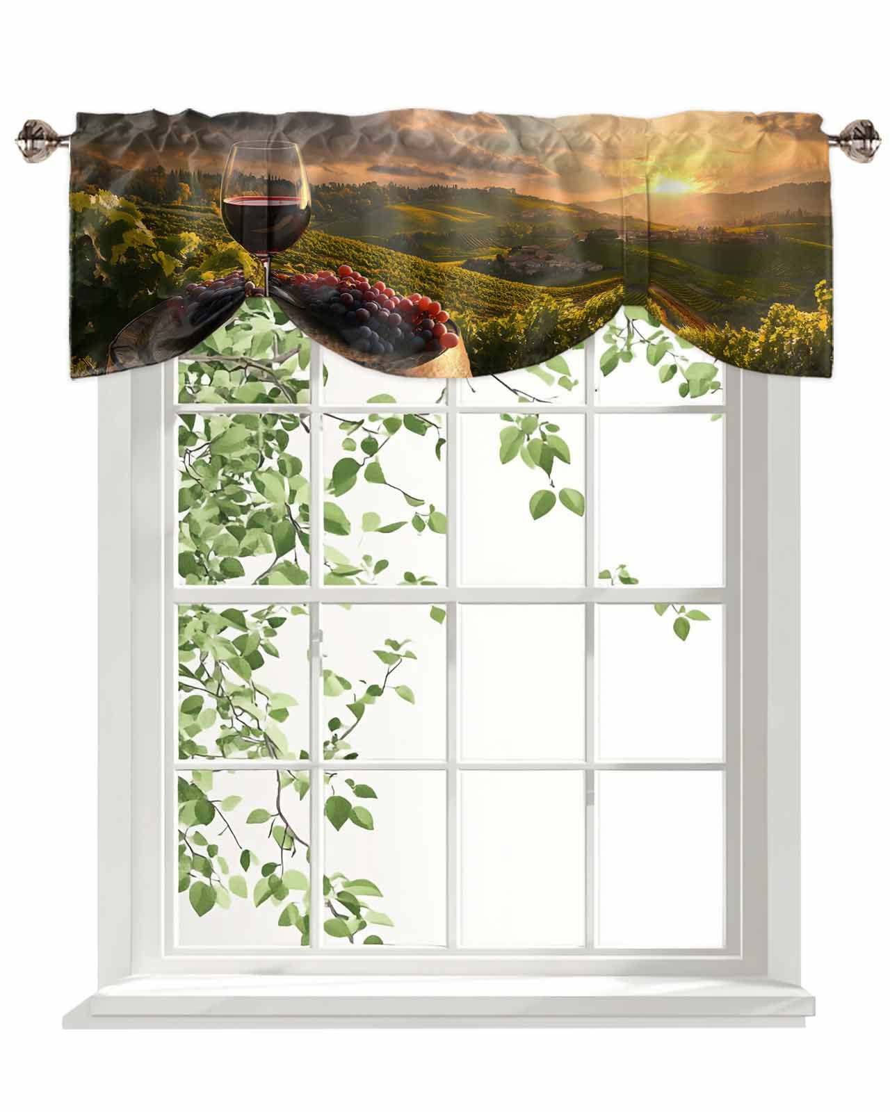 Wine Grapes Tie Up Valances Curtain, Adjustable Kitchen Decoration Barrel Valances for Windows Decor, Rod Pocket Short Curtains Set for Bedroom/Bathroom, 60"x18"